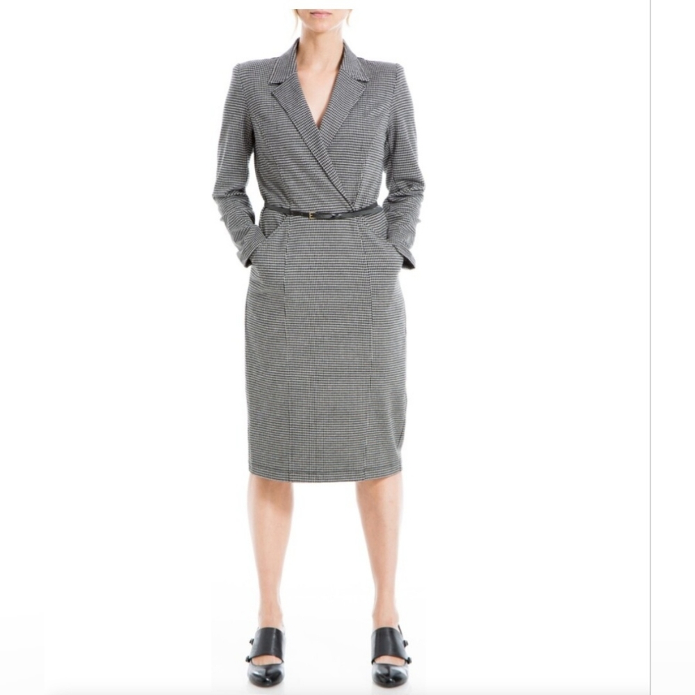Max Studio Houndstooth Notch Collar Belted Dress